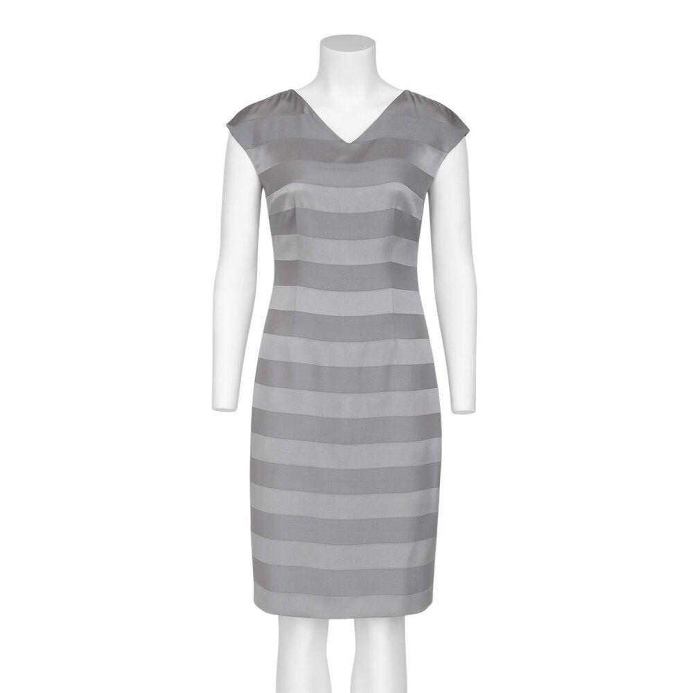 René Lezard Gray Striped Sheath Dress Women’s Sz 4 Sleeveless V-Neck Cocktail